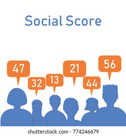 Concepto de puntuación social. Ilustración vectorial de las siluetas humanas con números para el sistema de crédito social, evaluación de red, calificación, reputación.