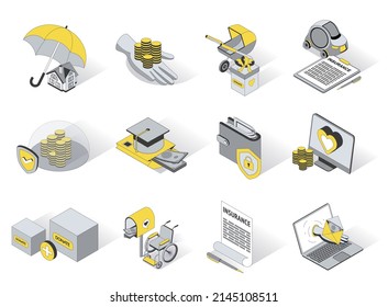 Social security 3d isometric icons set. Pack elements of mortgage benefits, house and car insurance, maternity donate, benefits for disability, perks. Vector illustration in modern isometry design