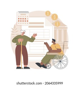 Social security abstract concept vector illustration. Social security benefit, state allowance, retirement insurance, happy disabled person, old, elderly couple, sign agreement abstract metaphor.