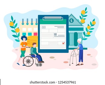 Social Security Benefits Form filling for pensioners and disabled person. Social Security Disability Claim Concept. Vector illustration.