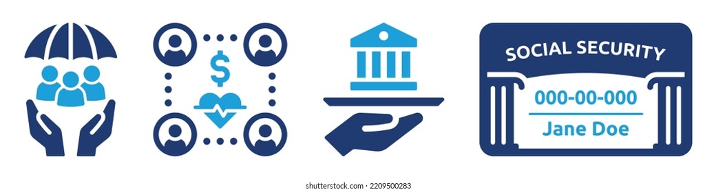 Social security benefits icon set. Containing social security card, insurance, pension and law protection icon. Vector illustration.