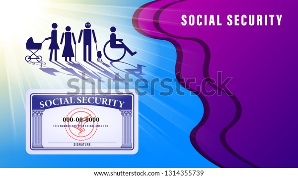 Social security card banner, poster.\
Simple figures of people subject to social protection under the\
sunlight on the abstract background. Vector\
Illustration