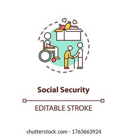 Social Security Concept Icon. People In Need Help. Old Age Pensioners Support. Voluntary Service. Food Donation Idea Thin Line Illustration. Vector Isolated Outline RGB Color Drawing. Editable Stroke