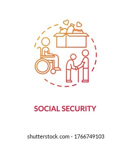 Social security concept icon. People in need help. Old age pensioners support. Caregiving service. Food donation idea thin line illustration. Vector isolated outline RGB color drawing