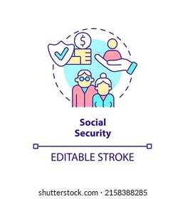 Social security concept icon. Retirement income and insurance. Expenditures abstract idea thin line illustration. Isolated outline drawing. Editable stroke. Arial, Myriad Pro-Bold fonts used