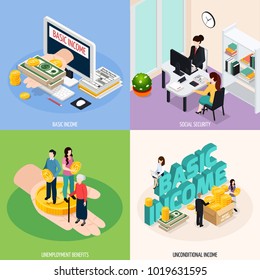 Social security concept icons set with basic income symbols isometric isolated vector illustration