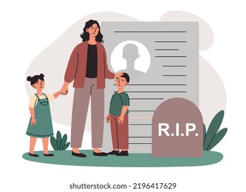 Concepto de seguridad social. Niña joven con dos niños cerca de la tumba. Apoyo del Estado, dificultades financieras y problemas en la vida. Afiche o cartel para el sitio web. Dibujo vectorial plano de dibujos animados