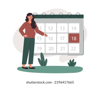 Concepto de seguridad social. Jovencita cerca del calendario esperando la fecha de pago. Asistencia financiera del Estado para las familias con problemas. Economía y sociedad. Dibujo vectorial plano de dibujos animados