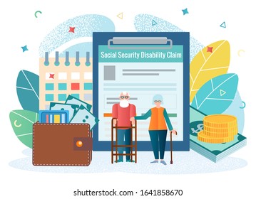 Social security desability claim concept vector illustration. An elderly couple with a disability, a wallet with money as a symbol of secured old age, the official form for receiving social protection