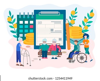 Social Security Disability Claim Concept. Social Security Benefits Form Filling For Pensioners And Disabled Person. Vector Illustration.