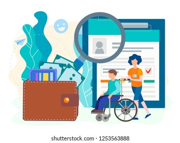 Social Security Disability Claim Form Filling And Obtaining Concept. Employee Volunteer Assistant With Wheelchair User And Accessories Of The Benefits. Vector Illustration.