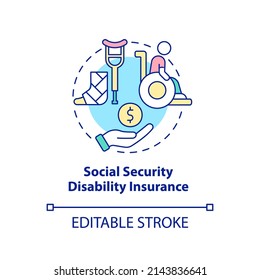 Social Security Disability Insurance Concept Icon. Federal Coverage Includes Abstract Idea Thin Line Illustration. Isolated Outline Drawing. Editable Stroke. Arial, Myriad Pro-Bold Fonts Used