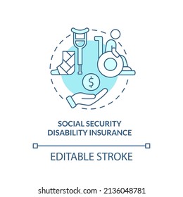 Social Security Disability Insurance Turquoise Concept Icon. Federal Cover Includes Abstract Idea Thin Line Illustration. Isolated Outline Drawing. Editable Stroke. Arial, Myriad Pro-Bold Fonts Used