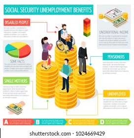 Social security infographic set with unemployment benefits symbols isometric vector illustration