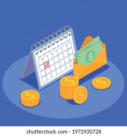 Social security isometric background with envelope with banknotes and coins intended for needy people vector illustration