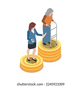 Social security isometric icon with disabled elderly woman getting benefits 3d vector illustration