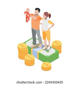 Social security isometric icon with family with baby pregnant woman and money 3d vector illustration