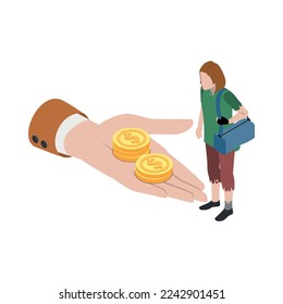 Social security isometric icon with human hand giving money to poor woman 3d vector illustration