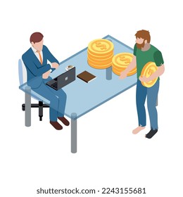 Social security isometric icon with poor man getting unemployment benefit 3d vector illustration