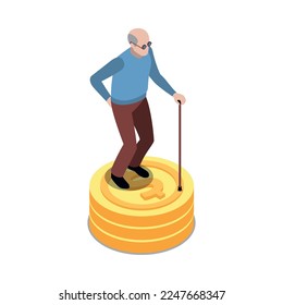 Social security isometric icon with senior man with walking cane and stack of coins 3d vector illustration