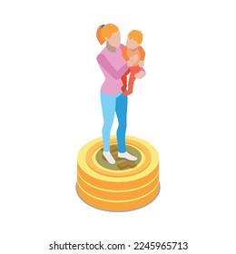 Social security isometric icon with single mum and stack of coins 3d vector illustration