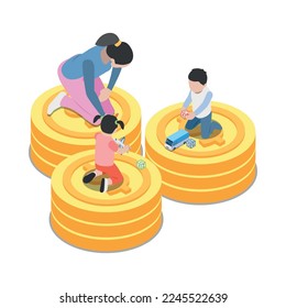 Social security isometric icon with woman and children on coins 3d vector illustration
