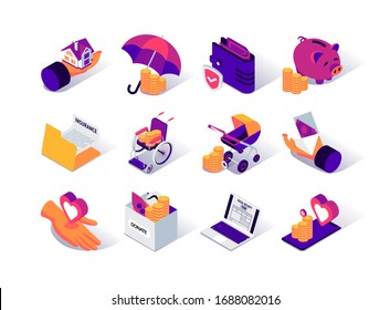 Social security isometric icons set. Social benefits for disability, payments for pension and childbirth. Mortgage benefits and insurance. Social protection and assistance services 3d vector isometry.