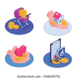 Social security isometric icons set of maternity support unemployed and disabled benefits isolated vector illustration