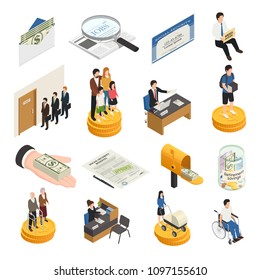 Social security isometric icons, unemployment, supports for families, students and single mothers, disability payments isolated vector illustration  