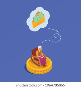 Social security isometric poster with envelope with money intended for elderly woman sitting in armchair vector illustration