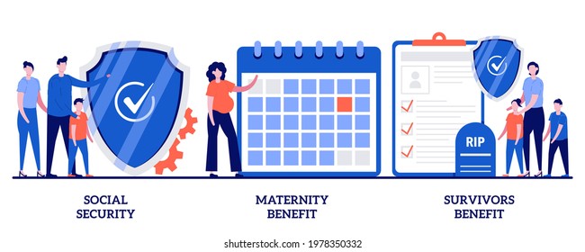 Social security, maternity and survivors benefit concept with tiny people. State allowance vector illustration set. Retirement insurance, parental support, death certificate, financial help metaphor.