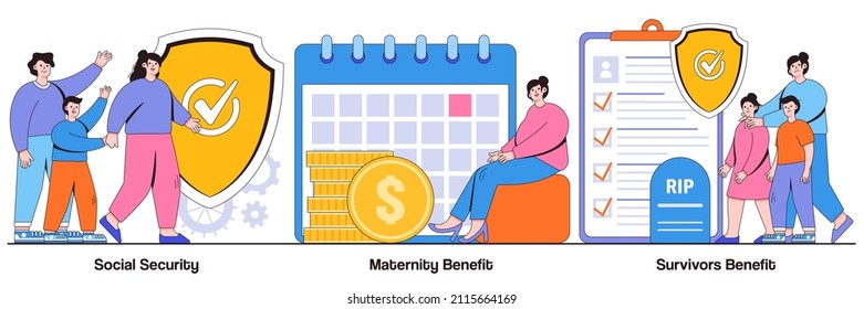 Social security, maternity and survivors benefit concept with tiny people. State allowance vector illustration set. Retirement insurance, parental support, death certificate, financial help metaphor.