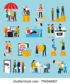 Social Security Orthogonal Icons Set With Family Protection, Disability And Unemployment Benefits, Documents Execution Isolated Vector Illustration