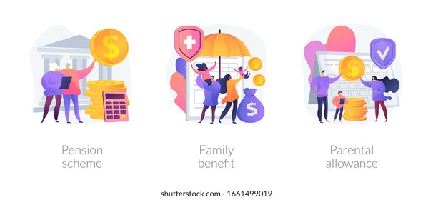 Social security payments metaphors. Family tax benefit, pension scheme, parental allowance. Money support for raising children, insurance abstract concept vector illustration set.