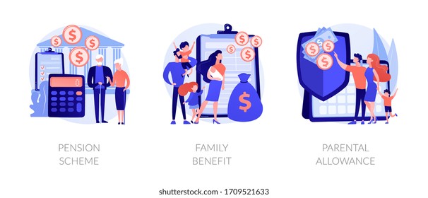 Social security payments metaphors. Family tax benefit, pension scheme, parental allowance. Money support for raising children, insurance abstract concept vector illustration set.