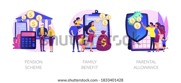 Social security\
payments metaphors. Family tax benefit, pension scheme, parental\
allowance. Money support for raising children, insurance abstract\
concept vector illustration\
set.
