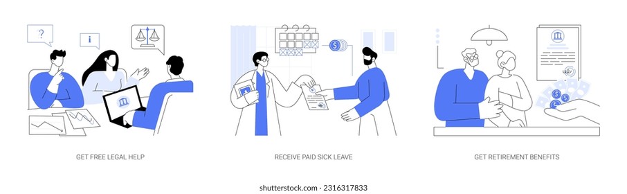 Social security services abstract concept vector illustration set. Get free legal help, citizen receives paid sick leave from doctor, retirement benefits, financial aid documents abstract metaphor.