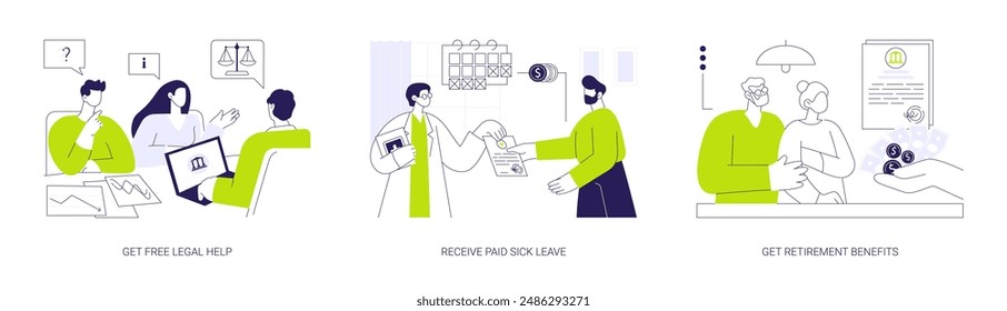 Social security services abstract concept vector illustration set. Get free legal help, citizen receives paid sick leave from doctor, retirement benefits, financial aid documents abstract metaphor.