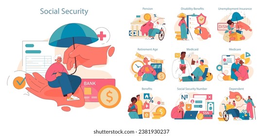 Seguridad Social. Invertir en el mundo de los beneficios sociales con personas diversas que navegan por pensiones, beneficios por discapacidad y ayudas médicas. Las manos protectoras garantizan la seguridad. Vector plano.