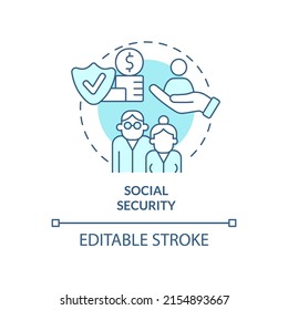 Social security turquoise concept icon. Retirement income and insurance. Expenditures abstract idea thin line illustration. Isolated outline drawing. Editable stroke. Arial, Myriad Pro-Bold fonts used