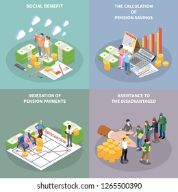 Social security unemployment benefits unconditional income isometric 2x2 design concept with banknote bundles people and text vector illustration