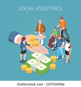 Social security unemployment benefits unconditional income isometric composition with conceptual image of human hand with coins vector illustration