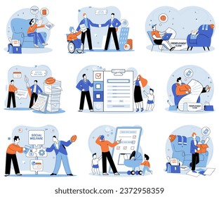 Social security. Vector illustration. Taking action is necessary to address social security challenges Organizations play key role in implementing social security initiatives The economy is closely