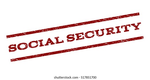 Social Security watermark stamp. Text tag between parallel lines with grunge design style. Rubber seal stamp with dust texture. Vector dark red color ink imprint on a white background.