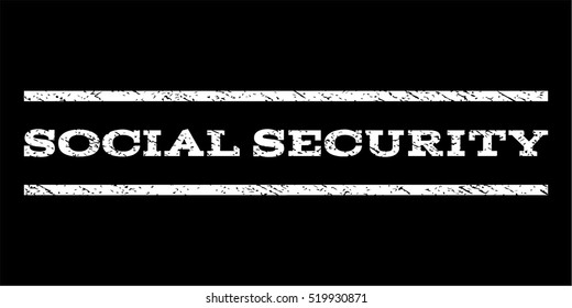 Social Security watermark stamp. Text tag between horizontal parallel lines with grunge design style. Rubber seal stamp with dirty texture. Vector white color ink imprint on a black background.