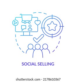 Icono de concepto de gradiente azul de venta social. Ilustración de línea delgada de ideas abstractas de tendencia de ventas. Dirigirse a los clientes en las plataformas de medios sociales. Dibujo de contorno aislado. Se usa una fuente Myriad Pro-Bold
