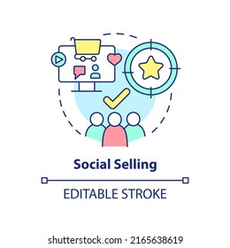 Social selling concept icon. Sales trend abstract idea thin line illustration. Target customers on social media platforms. Isolated outline drawing. Editable stroke. Arial, Myriad Pro-Bold fonts used
