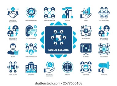 Social Selling icon set. Methodology, Sales, Buyer, Personal Branding, Planning, Marketing, Customers, Internet. Duotone color solid icons