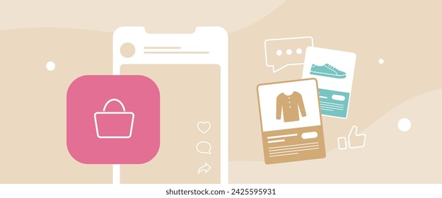 Social Selling - Mobile Commerce Online Shopping concept. digital marketing and mobile commerce through social networks. Shopping experience is just click away on smartphone. Vector illustration