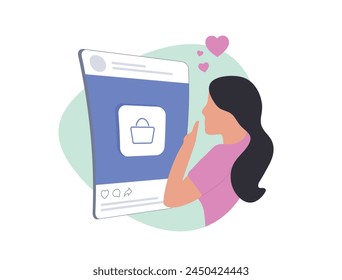 Social Selling - Mobile Commerce Online Shopping concept. Digital marketing and commerce through social networks. Cute girl scrolls social media for easy shopping on smartphone. Vector illustration